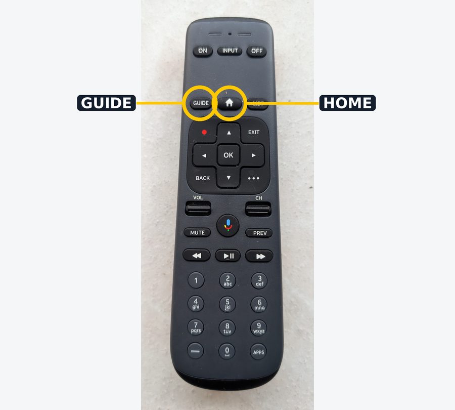 DIRECTV remote with GUIDE and HOME buttons circled