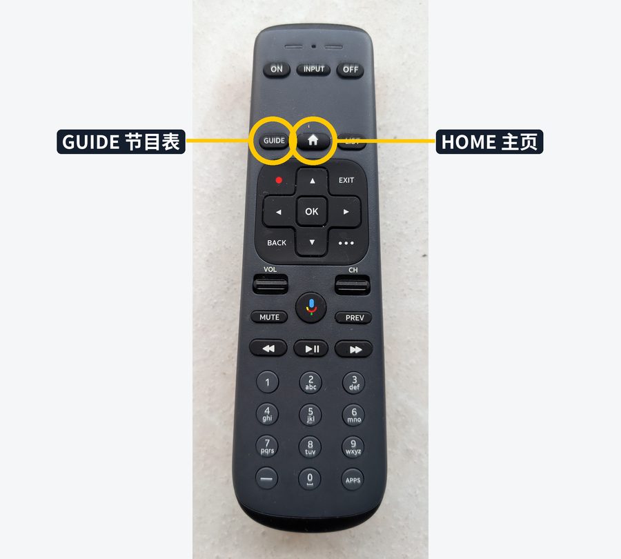 标出 GUIDE 和 HOME 按钮的 DIRECTV 遥控器